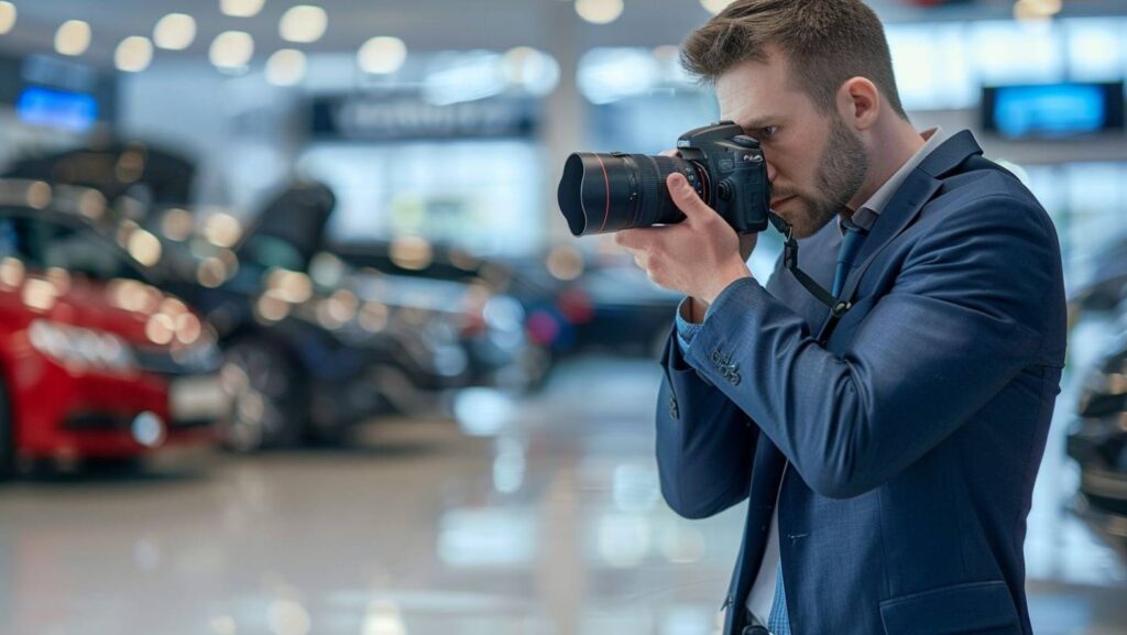 A car salesman is using a camera in a dealership showroom.