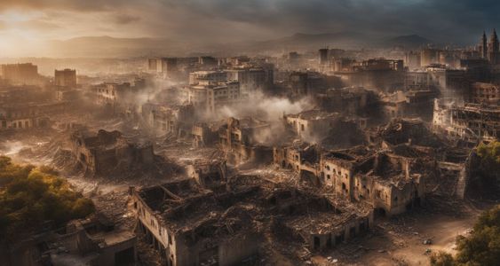 A city devastated by bombing, with ruins and smoke rising.