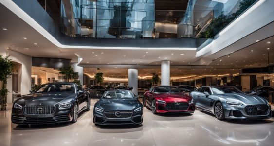 A luxury car dealership showroom with diverse staff and clientele.