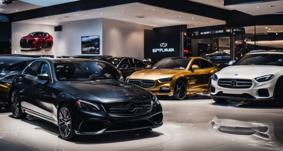 A luxury car showroom with a variety of stylish cars.