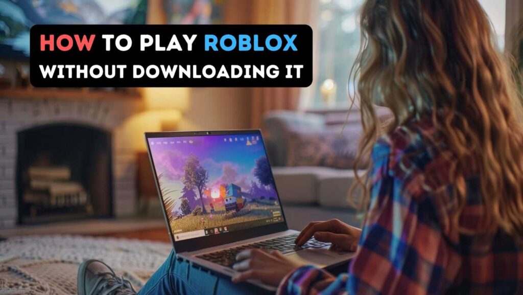 A person playing Roblox on a laptop in a cozy living room.