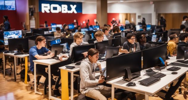 Diverse students playing Roblox on school computers in a bustling atmosphere.