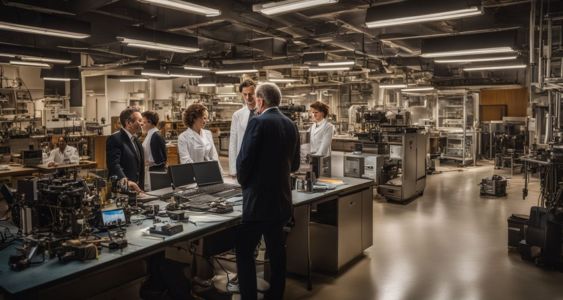 Key scientists discussing the development of the C38 atomic bomb in a laboratory.