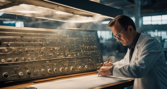 Scientist examining C38 Atomic Bomb blueprints in high-tech laboratory.