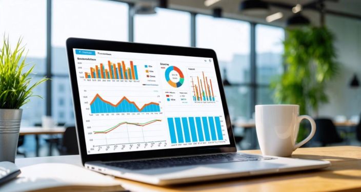 A cluttered office desk with a laptop displaying SEO analytics.