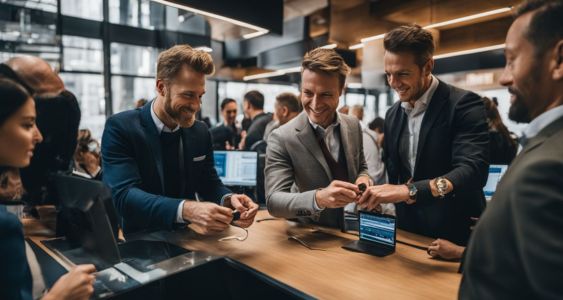 A diverse group of investors exchanging TapSwap Coin on a bustling trading floor.