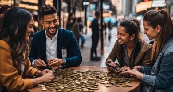 A group of people trading TapSwap Coin in a modern financial district.