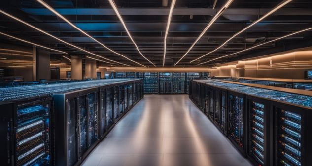 A high-tech server room with rows of blinking servers and people.