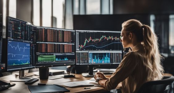 A person analyzing stock market data on a computer in a bustling city.