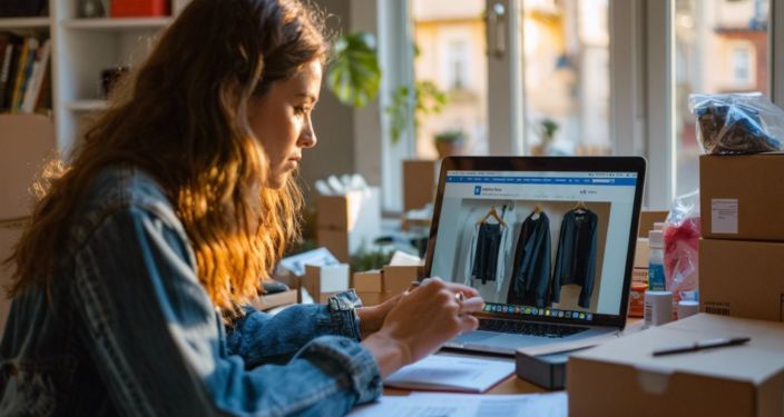 A woman in her mid-30s carefully inspecting products on the Temu website.