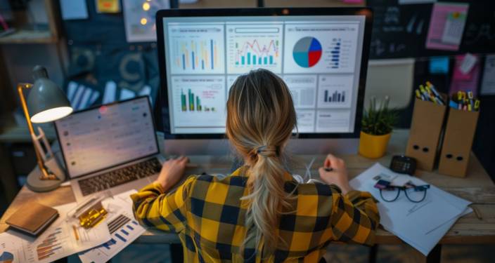 A woman strategizing SEO in a busy office setting.