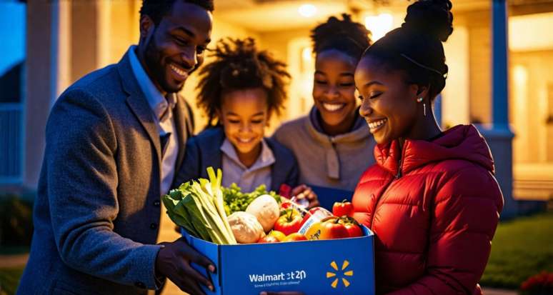 A family happily receives Walmart delivery of groceries, essentials, and electronics.