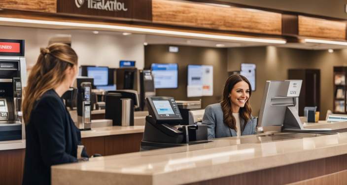 A woman confidently cashes a check at a bank with friendly service.