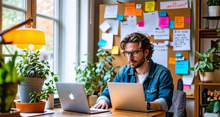 An entrepreneur in home office browsing venturesget net for business growth.