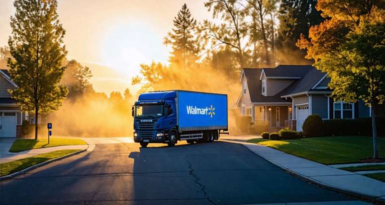 Walmart's delivery truck parked in a suburban neighborhood at sunrise.